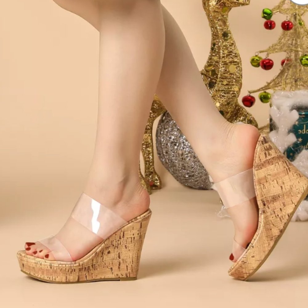Allegra K Platform Transparent Straps Wedge Heels Sandals - 9
